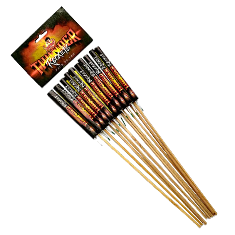 A pack of garden fireworks rockets with labels, ready for use.