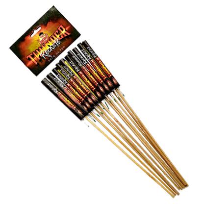 A pack of garden fireworks rockets with labels, ready for use.